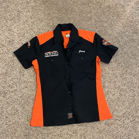 Vtg Harley Davidson genuine work wear button up orange black sexy work shirt XS - Picture 5 of 6